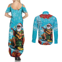 Hawaii Christmas Couples Matching Summer Maxi Dress and Long Sleeve Button Shirt Mele Kalikimaka Poinsettia Lei Polynesian - Blue LT14 - Polynesian Pride