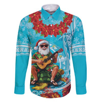 Hawaii Christmas Family Matching Long Sleeve Bodycon Dress and Hawaiian Shirt Mele Kalikimaka Poinsettia Lei Polynesian - Blue LT14 Dad's Shirt - Long Sleeve Blue - Polynesian Pride