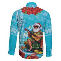 Hawaii Christmas Family Matching Off The Shoulder Long Sleeve Dress and Hawaiian Shirt Mele Kalikimaka Poinsettia Lei Polynesian - Blue