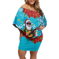 Hawaii Christmas Off Shoulder Short Dress Mele Kalikimaka Poinsettia Lei Polynesian - Blue LT14 Women Blue - Polynesian Pride