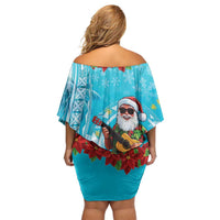 Hawaii Christmas Off Shoulder Short Dress Mele Kalikimaka Poinsettia Lei Polynesian - Blue LT14 - Polynesian Pride