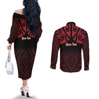 Personalised Keep Maori Wards New Zealand Couples Matching Off The Shoulder Long Sleeve Dress and Long Sleeve Button Shirt Stronger Together Aotearoa Taniko - Polynesian Pride