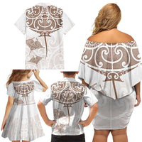 New Zealand Manta Ray Tattoo Family Matching Off Shoulder Short Dress and Hawaiian Shirt Aotearoa Maori Haehae Beige - Polynesian Pride