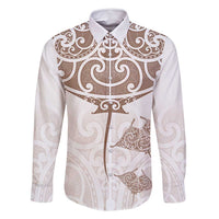 New Zealand Manta Ray Tattoo Family Matching Summer Maxi Dress and Hawaiian Shirt Aotearoa Maori Haehae Beige - Polynesian Pride