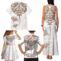 New Zealand Manta Ray Tattoo Family Matching Tank Maxi Dress and Hawaiian Shirt Aotearoa Maori Haehae Beige - Polynesian Pride