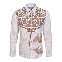 New Zealand Manta Ray Tattoo Long Sleeve Button Shirt Aotearoa Maori Haehae Beige - Polynesian Pride