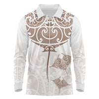 New Zealand Manta Ray Tattoo Long Sleeve Polo Shirt Aotearoa Maori Haehae Beige - Polynesian Pride
