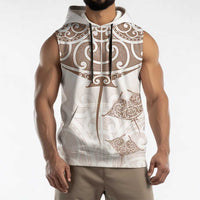 New Zealand Manta Ray Tattoo Sleeveless Hoodie Aotearoa Maori Haehae Beige - Polynesian Pride