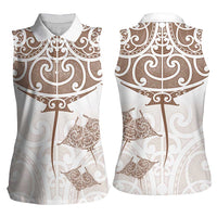New Zealand Manta Ray Tattoo Women Sleeveless Polo Shirt Aotearoa Maori Haehae Beige - Polynesian Pride