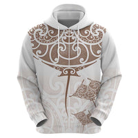 New Zealand Manta Ray Tattoo Zip Hoodie Aotearoa Maori Haehae Beige - Polynesian Pride