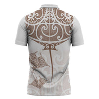 New Zealand Manta Ray Tattoo Zipper Polo Shirt Aotearoa Maori Haehae Beige - Polynesian Pride