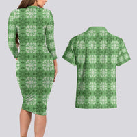 Green Hawaiian Quilt Couples Matching Long Sleeve Bodycon Dress and Hawaiian Shirt Hawaii Pineapple Monstera Palaka Motifs - Polynesian Pride