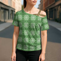 Green Hawaiian Quilt Cross Shoulder Shirt Hawaii Pineapple Monstera Palaka Motifs LT14 - Polynesian Pride