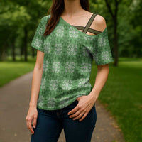 Green Hawaiian Quilt Cross Shoulder Shirt Hawaii Pineapple Monstera Palaka Motifs LT14 - Polynesian Pride