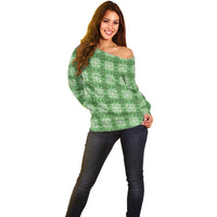 Green Hawaiian Quilt Off Shoulder Sweater Hawaii Pineapple Monstera Palaka Motifs - Polynesian Pride