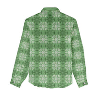 Green Hawaiian Quilt Women Casual Shirt Hawaii Pineapple Monstera Palaka Motifs - Polynesian Pride