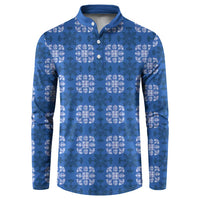 Royal Blue Hawaiian Quilt Button Sweatshirt Hawaii Pineapple Monstera Palaka Motifs - Polynesian Pride