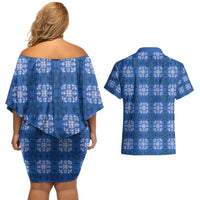 Royal Blue Hawaiian Quilt Couples Matching Off Shoulder Short Dress and Hawaiian Shirt Hawaii Pineapple Monstera Palaka Motifs - Polynesian Pride