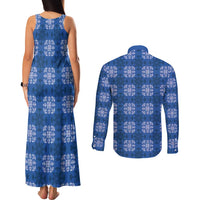 Royal Blue Hawaiian Quilt Couples Matching Tank Maxi Dress and Long Sleeve Button Shirt Hawaii Pineapple Monstera Palaka Motifs - Polynesian Pride