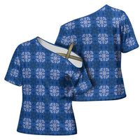 Royal Blue Hawaiian Quilt Cross Shoulder Shirt Hawaii Pineapple Monstera Palaka Motifs - Polynesian Pride