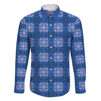 Royal Blue Hawaiian Quilt Family Matching Off The Shoulder Long Sleeve Dress and Hawaiian Shirt Hawaii Pineapple Monstera Palaka Motifs - Polynesian Pride