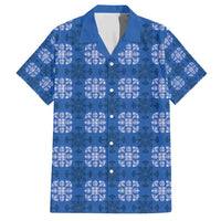 Royal Blue Hawaiian Quilt Family Matching Off Shoulder Short Dress and Hawaiian Shirt Hawaii Pineapple Monstera Palaka Motifs - Polynesian Pride