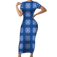 Royal Blue Hawaiian Quilt Family Matching Short Sleeve Bodycon Dress and Hawaiian Shirt Hawaii Pineapple Monstera Palaka Motifs - Polynesian Pride