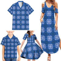 Royal Blue Hawaiian Quilt Family Matching Summer Maxi Dress and Hawaiian Shirt Hawaii Pineapple Monstera Palaka Motifs - Polynesian Pride