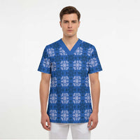 Royal Blue Hawaiian Quilt Scrub Top Hawaii Pineapple Monstera Palaka Motifs - Polynesian Pride