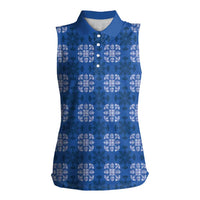 Royal Blue Hawaiian Quilt Women Sleeveless Polo Shirt Hawaii Pineapple Monstera Palaka Motifs - Polynesian Pride