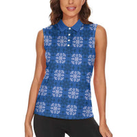 Royal Blue Hawaiian Quilt Women Sleeveless Polo Shirt Hawaii Pineapple Monstera Palaka Motifs - Polynesian Pride