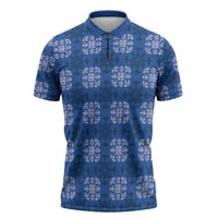 Royal Blue Hawaiian Quilt Zipper Polo Shirt Hawaii Pineapple Monstera Palaka Motifs - Polynesian Pride