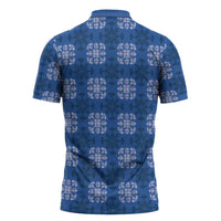 Royal Blue Hawaiian Quilt Zipper Polo Shirt Hawaii Pineapple Monstera Palaka Motifs - Polynesian Pride