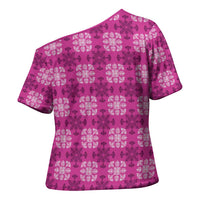 Pink Hawaiian Quilt Cross Shoulder Shirt Hawaii Pineapple Monstera Palaka Motifs LT14 - Polynesian Pride