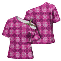 Pink Hawaiian Quilt Cross Shoulder Shirt Hawaii Pineapple Monstera Palaka Motifs LT14 - Polynesian Pride
