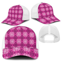 Pink Hawaiian Quilt Mesh Trucker Cap Hawaii Pineapple Monstera Palaka Motifs - Polynesian Pride