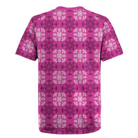 Pink Hawaiian Quilt Rugby Jersey Hawaii Pineapple Monstera Palaka Motifs - Polynesian Pride