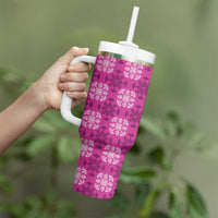 Pink Hawaiian Quilt Tumbler With Handle Hawaii Pineapple Monstera Palaka Motifs - Polynesian Pride