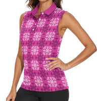 Pink Hawaiian Quilt Women Sleeveless Polo Shirt Hawaii Pineapple Monstera Palaka Motifs - Polynesian Pride