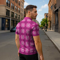 Pink Hawaiian Quilt Zipper Polo Shirt Hawaii Pineapple Monstera Palaka Motifs - Polynesian Pride