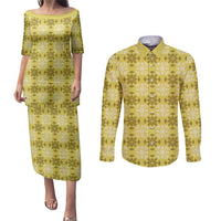 Yellow Hawaiian Quilt Couples Matching Puletasi and Long Sleeve Button Shirt Hawaii Pineapple Monstera Palaka Motifs - Polynesian Pride