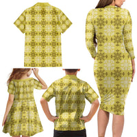 Yellow Hawaiian Quilt Family Matching Long Sleeve Bodycon Dress and Hawaiian Shirt Hawaii Pineapple Monstera Palaka Motifs - Polynesian Pride