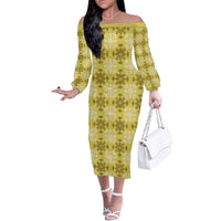 Yellow Hawaiian Quilt Family Matching Off The Shoulder Long Sleeve Dress and Hawaiian Shirt Hawaii Pineapple Monstera Palaka Motifs - Polynesian Pride