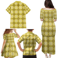Yellow Hawaiian Quilt Family Matching Puletasi and Hawaiian Shirt Hawaii Pineapple Monstera Palaka Motifs - Polynesian Pride