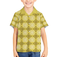 Yellow Hawaiian Quilt Kid Hawaiian Shirt Hawaii Pineapple Monstera Palaka Motifs - Polynesian Pride