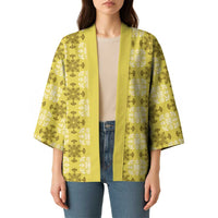 Yellow Hawaiian Quilt Kimono Hawaii Pineapple Monstera Palaka Motifs LT14 - Polynesian Pride