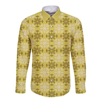 Yellow Hawaiian Quilt Long Sleeve Button Shirt Hawaii Pineapple Monstera Palaka Motifs - Polynesian Pride