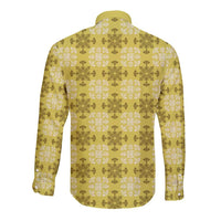 Yellow Hawaiian Quilt Long Sleeve Button Shirt Hawaii Pineapple Monstera Palaka Motifs - Polynesian Pride