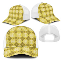 Yellow Hawaiian Quilt Mesh Trucker Cap Hawaii Pineapple Monstera Palaka Motifs - Polynesian Pride