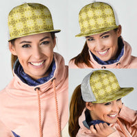 Yellow Hawaiian Quilt Mesh Trucker Cap Hawaii Pineapple Monstera Palaka Motifs - Polynesian Pride